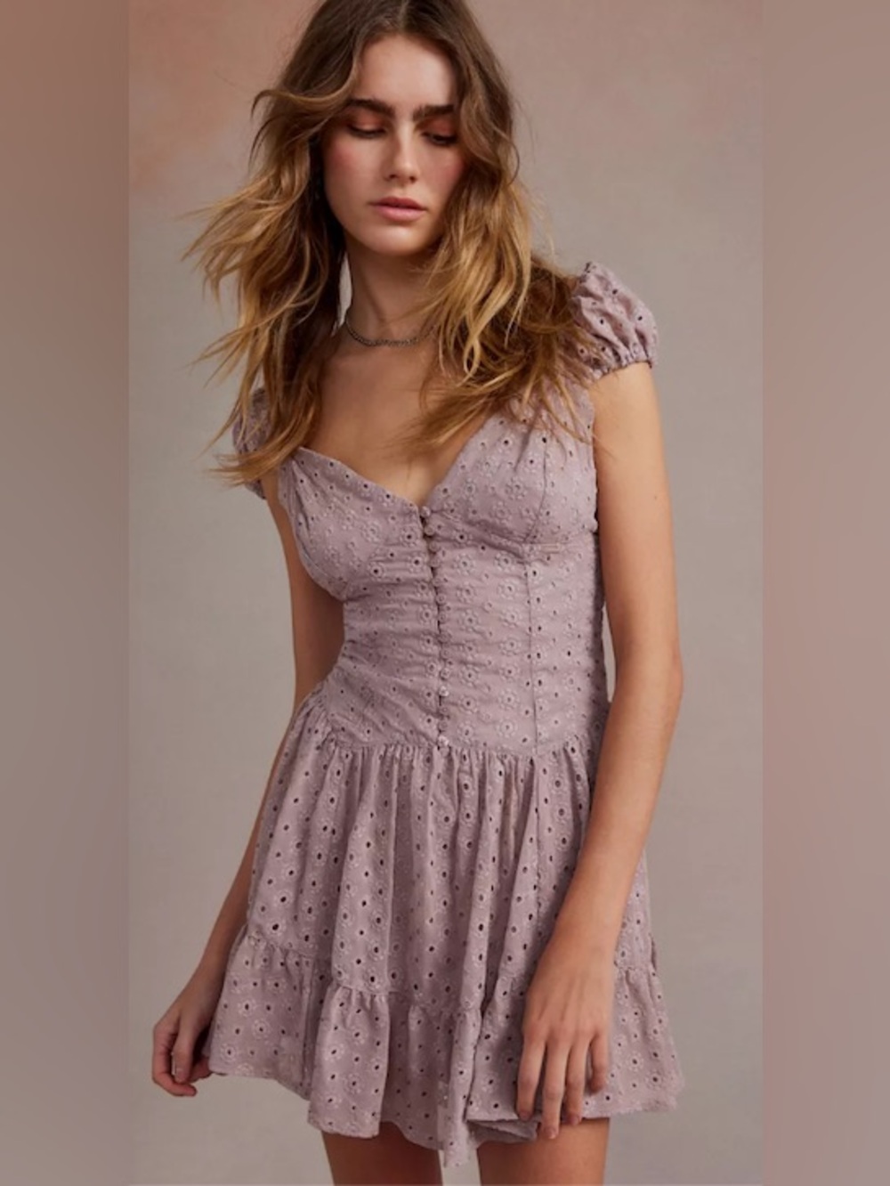 Kimchi Blue Mauve Floral Eyelet Puff-Sleeve Mini Dress - Picture 6 of 7